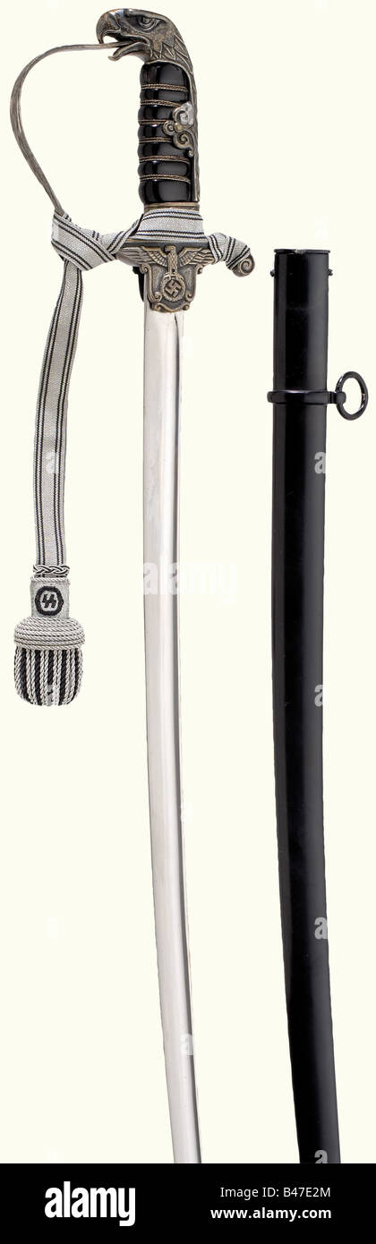 A sabre for an official of the justice and prison administration., Nickel-plated blade, made by 'Eickhorn'. Silver-plated knucklebow hilt with an eagle head pommel, black plastic grip (damaged) with wire winding, SS-officer's sword knot. Black lacquered scabbard. Length 83 cm.The breakup of an edged weapons collectionThe pieces offered in this section of the auction were acquired since the post-war years from private possession or directly from the Solingen manufacturers, who at the time provided both a few imaginative pieces from remaining stock on hand for th, Stock Photo