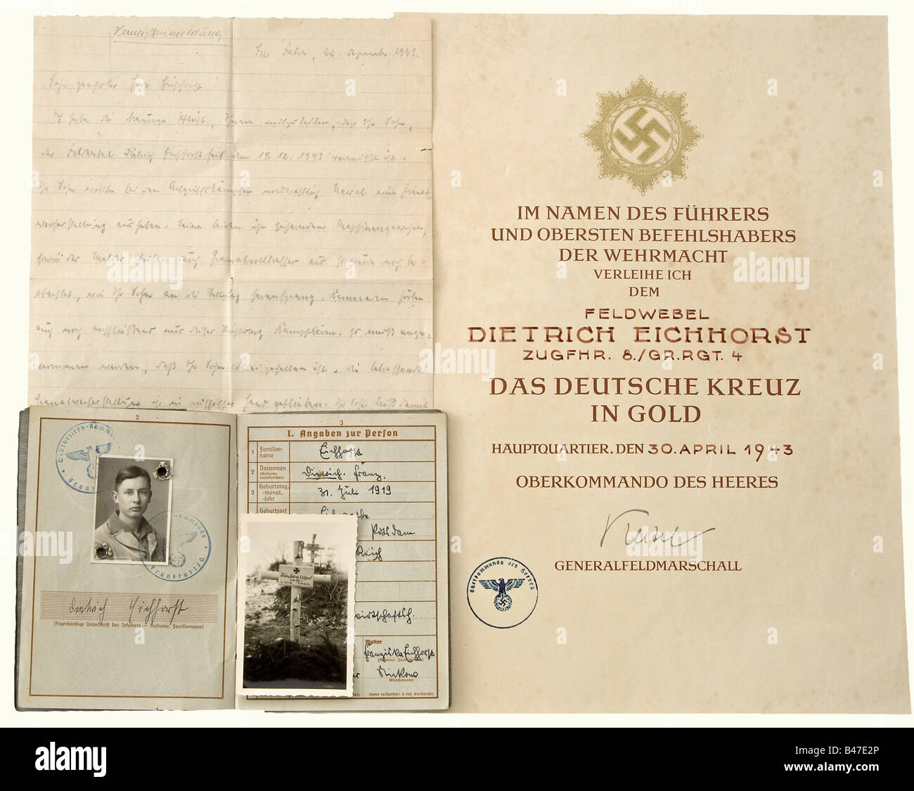 Dietrich Eichhorst - service record and documents, of the Staff Sergeant and platoon leader in the 8./Gr.Rgt. 4. Service record with all entries from 1937 until his death on Dec. 19, 1943 north-west of Newels after the evacuation of the Demjansk area. Detailed entries for combats and his awards like German Cross in Gold, Wound Badge in Silver etc. As well as two handwritten letters of condolence to his father from his lieutenant and company leader Merbach, describing the circumstances of his death, a photograph of his grave, and the award certificate to the Ger, Stock Photo