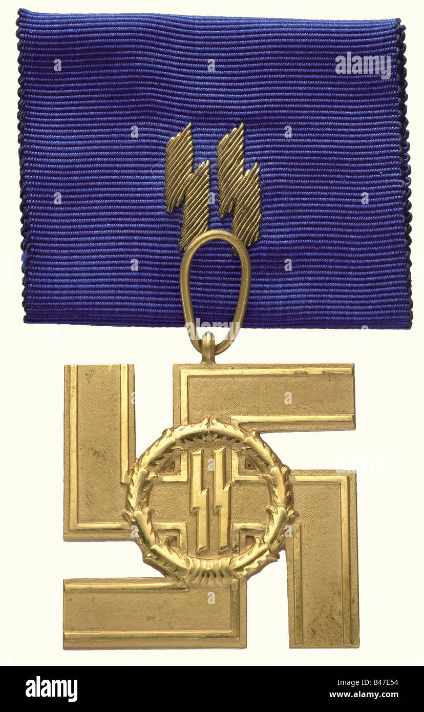 An SS Service Award 1st Class, for 25 years service. Gilt bronze, ribbon with gold-embroidered runes (OEK 3861). In a supplemented case. Very rare. historic, historical, 1930s, 1930s, 20th century, awards, award, German Reich, Third Reich, Nazi era, National Socialism, object, objects, stills, medal, decoration, medals, decorations, clipping, cut out, cut-out, cut-outs, honor, honour, National Socialist, Nazi, Nazi period, symbol, symbols, emblem, emblems, insignia, Stock Photo