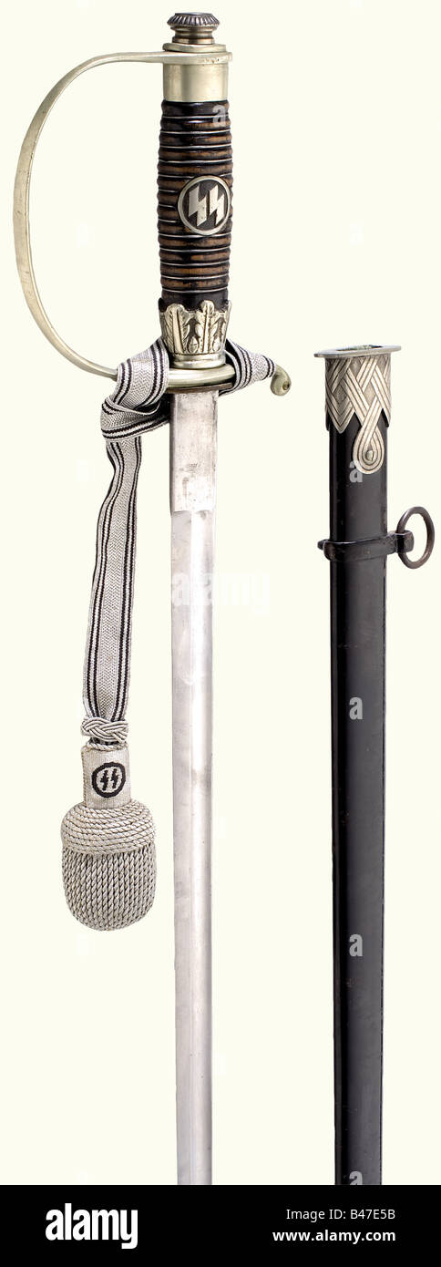 A model 1936 sword for SS Leaders., Single edge blade with a fuller and a double-edged point. Nickel silver hilt with SS punch marks and a white leather stop guard, wooden grip with applied SS runes and silver wire wrapping. Black lacquered scabbard (one locket screw replaced), pressed chape. Attached sword knot. historic, historical, 1930s, 20th century, Waffen-SS, armed division of the SS, armed service, armed services, NS, National Socialism, Nazism, Third Reich, German Reich, Germany, military, militaria, utensil, piece of equipment, utensils, object, objec, Stock Photo