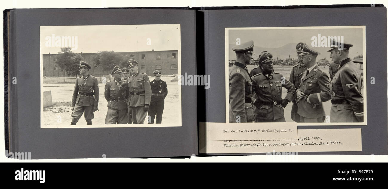 Max Wünsche - a photo album with 95 unique private photographs of his duty stations in the Second World War with numerous autographs., Pictures from the Charkow area 1943, Wünsche with Max Hansen and 'Panzermeyer', at a medal award ceremony, with Sepp Dietrich, Knight's Cross winner Theodor Wisch, Fritz Witt, Fritz Rentrop, Hans Reimling, Hermann Dahlke, Otto Petersen, Vincenz Kaiser, 'Tiger' battle tanks, column of amphibious vehicles in the snow, formation in front of tanks in winter camouflage. Greece 1941: Panzermeyer, with Sepp Dietrich and Field Marshal v, Stock Photo