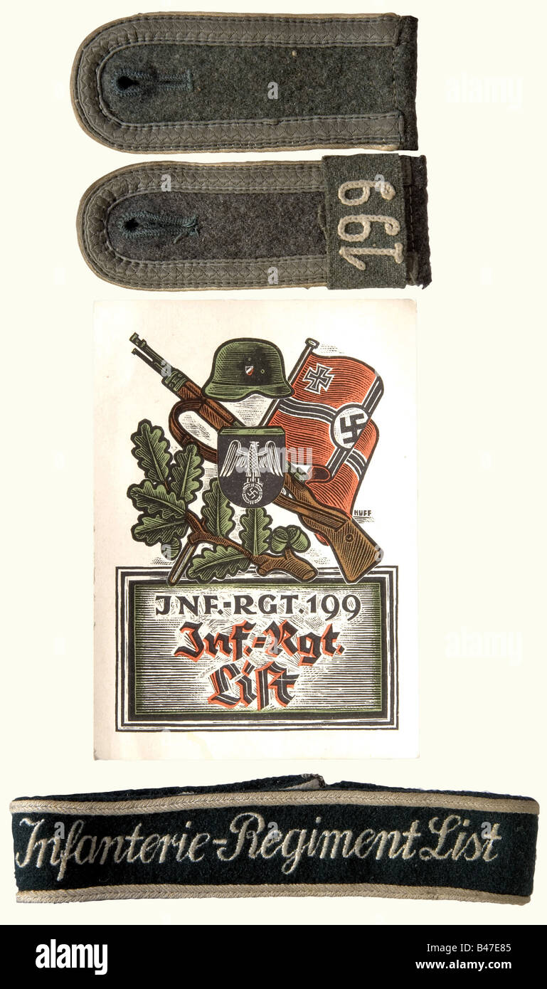 A cuff band 'Infanterie-Regiment List'., Dark green woolen cloth with silver grey edge trim and machine embroidered inscription, customised, length ca. 43 cm. Included is a pair of shoulder boards for a junior officer with field grey tress, the strap slides with white embroidered '199'. Included is a field postcard.' historic, historical, 1930s, 1930s, 20th century, infantry, military, armed forces, militaria, object, objects, stills, clipping, clippings, cut out, cut-out, cut-outs, insignia, symbols, symbol, badge, badges, honor, honour, honors, honours, Stock Photo