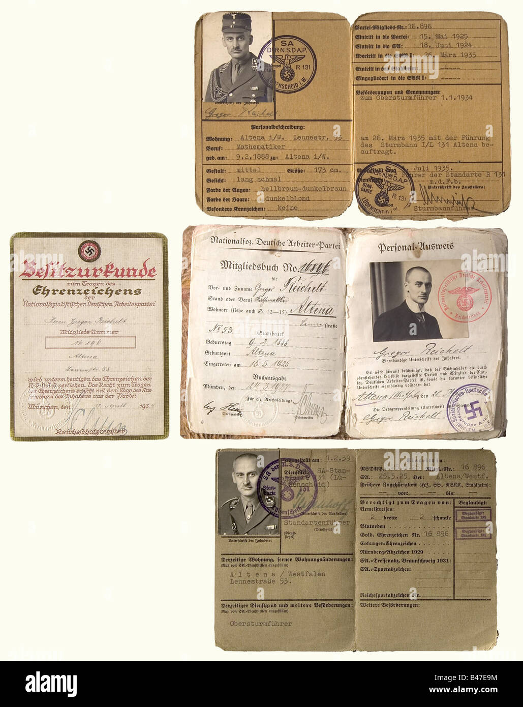 Obersturmführer Gregor Reichelt - identity and award documents, of the Sturmbann Leader I/L 131 Altena. Party membership book numbered '16896' with original signatures of Hitler and Schwarz, issued 1927, with numerous contribution stamps 1927 - 39, one loose page with Reichelt's entries regarding his political activities in the People's Socialist Block, The National Socialist Freedom Movement and the NSDAP from 1924. Certificate for the Golden Party Badge of the NSDAP 1934, numbered '16896' with original signature Schwarz. Two SA Leader identity documents 1938 , Stock Photo