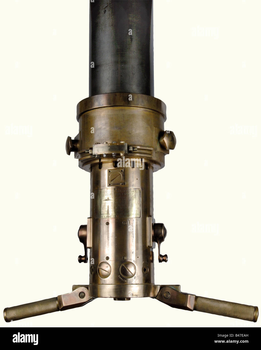 A periscope for a French submarine, model F, No. 457 Steel and bronze. Length 7.77 meters. Diameter 160 mm. Weight 350 kg. The autofocus optics are in perfect condition. Angle of traverse between -10ø and +30ø. 1.5 and 6 x magnification. The lever for the 6x magnification needs repair. Engraved manufacturer's plate, 'Ateliers J. Carpentier Paris - Periscope Type F No. 457 - Longeur 7,50 - Grossissement 1,5 et 6 - Champ = 8ø et 32ø - Pointage en site -10ø to +30ø. - Valeur d'une graduation de l'echelle 2/20 deø a Gr = 6'. (Length 7.50. magnifications 1.5 and 6. , Stock Photo