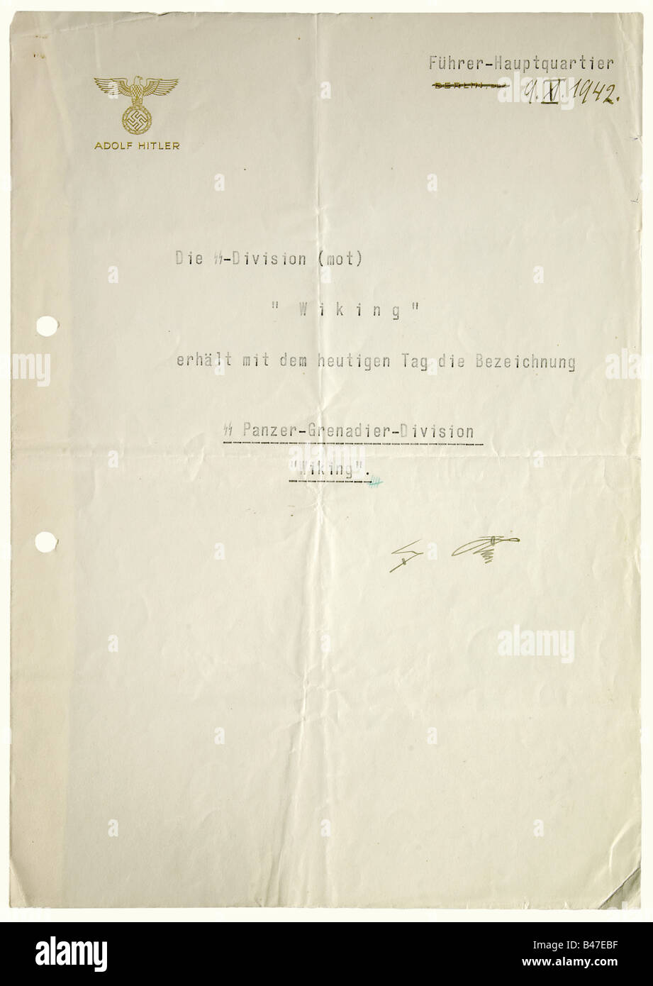 Adolf Hitler - the citation awarding the Name 'SS-Panzer Grenadier Division 'Wiking'', to the SS-Division (mot.) 'Wiking'. 'Führer Headquarters, 9 September 1942', autograph signature, 'Adolf Hitler', in ink. Sheet with gold stamped party eagle above 'Adolf Hitler', 'Berlin, den' crossed out and replaced by the typed 'Führer Headquarters'. The text in large letters: 'As of today, the SS-Division (mot) 'Wiking' is granted the name 'SS-Panzer Grenadier Division 'Wiking''. Heinrich Himmler's initials 'HH' in green copy pencil are at the end of the text above Adolf, Stock Photo
