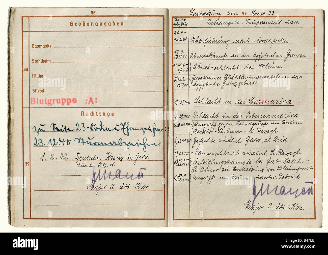 A pay book for Oberleutnant (First Lieutenant) Ernst Eckhart Wild., Issued by the 33rd Artillery Regiment (AR). Photo in Luftwaffe uniform. Many entries: 33rd AR, combat entries for France and Africa. Wounded by an anti-tank gun in Africa, and taken prisoner by the English at a medical clearing station, he died in hospital. Wound Badge in Black. Iron Cross 1st and 2nd. Assault Badge. Defensive Wall Medal, German Cross in Gold. historic, historical, 1930s, 20th century, passport, passports, document, documents, military, militaria, NS, National Socialism, Nazism, Stock Photo