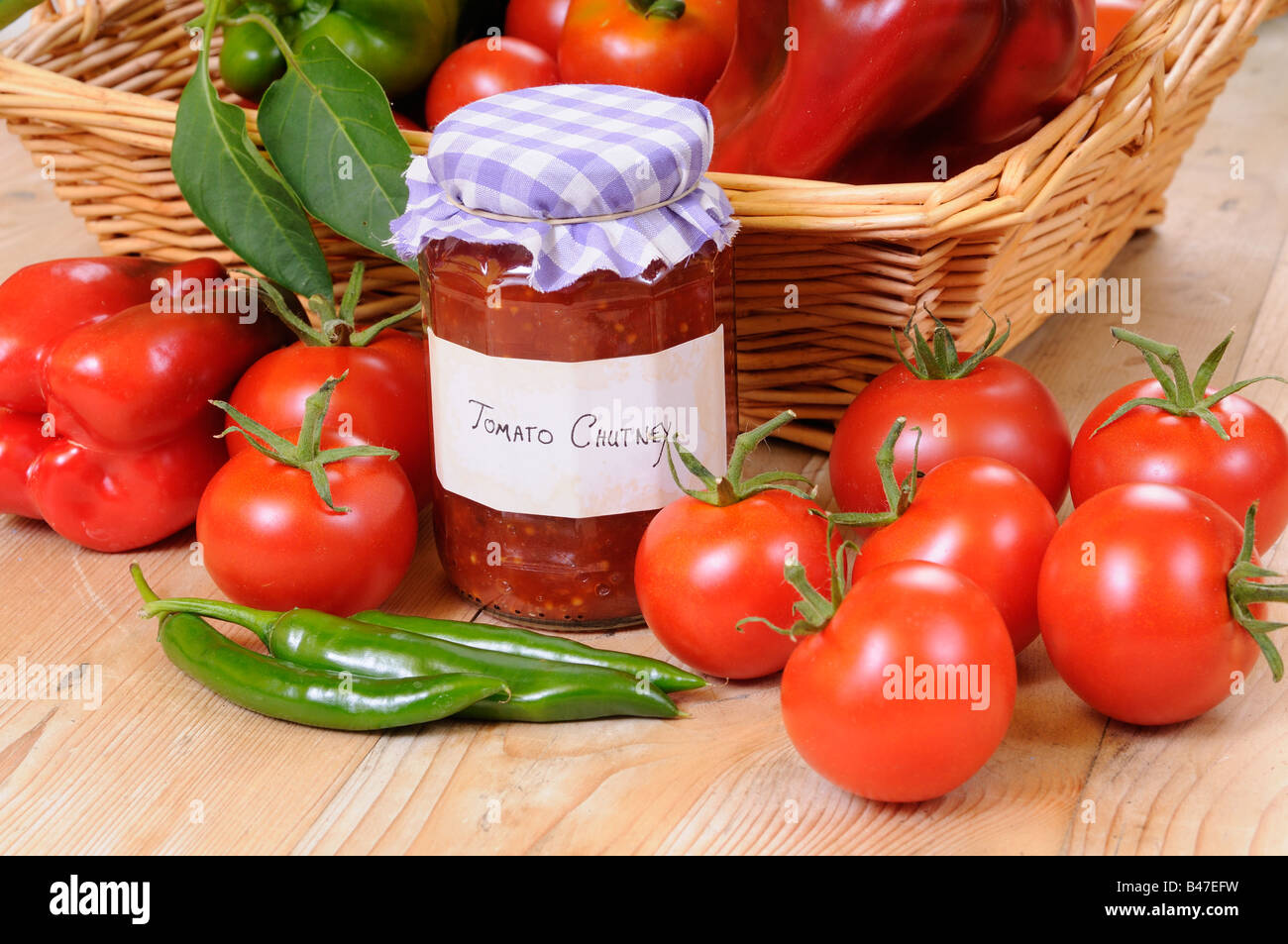 Country Kitchen scene with home made chutney and ingredients UK September Stock Photo