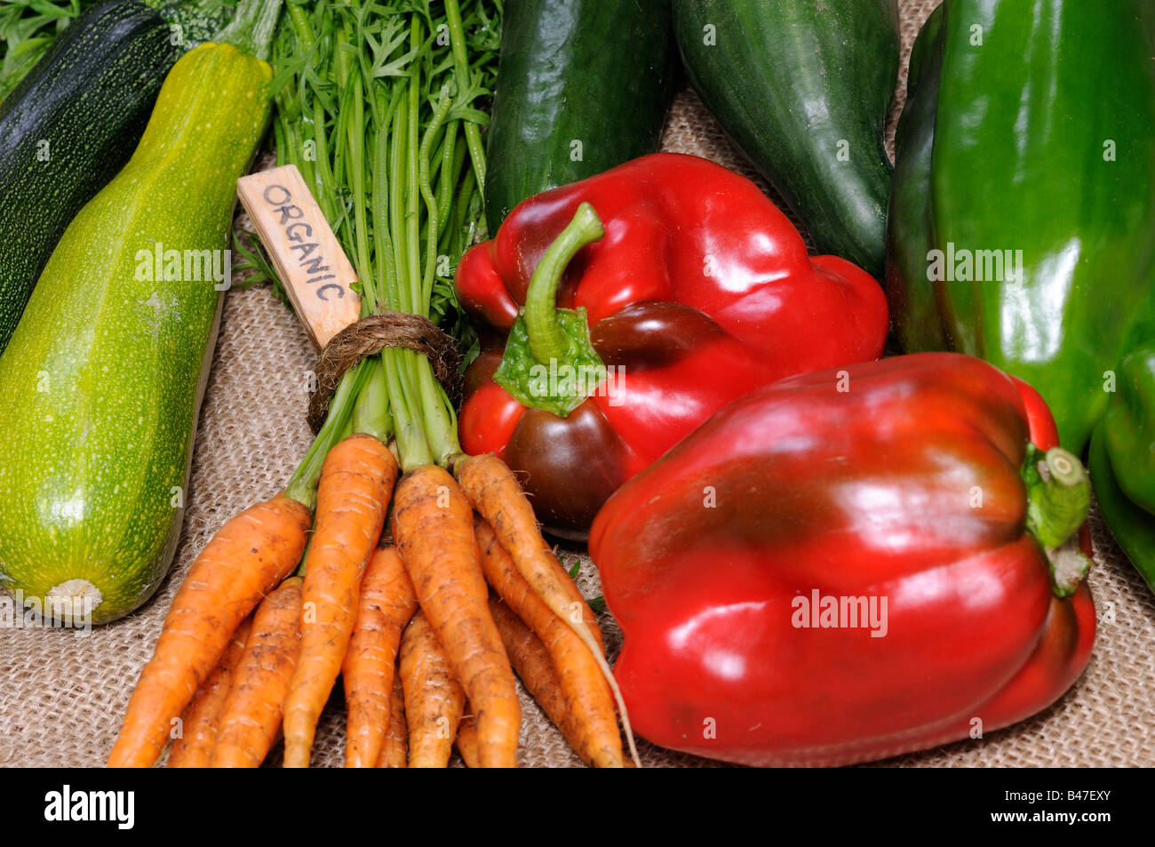Freshly harvested home grown organic vegetables with organic label Stock Photo