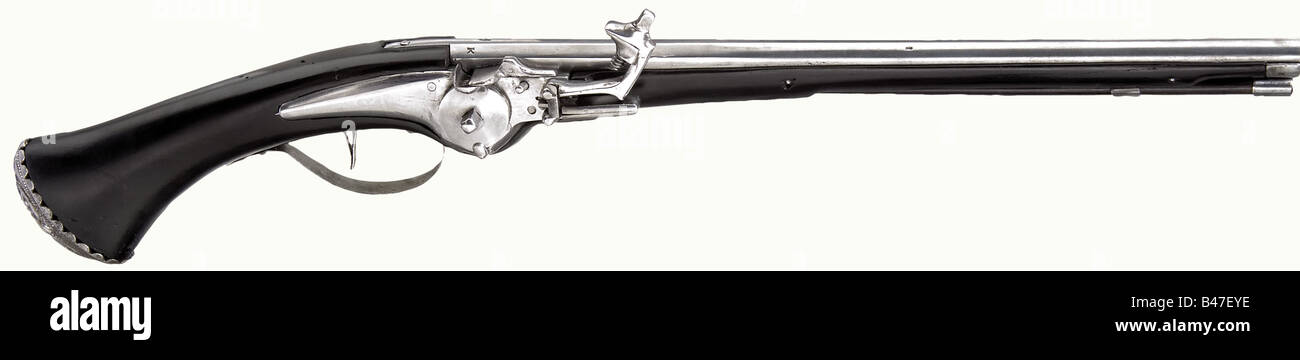 A Dutch wheellock pistol, circa 1660. Slender, two-stage barrel, the breech section octagonal then round with a smooth bore in 11 mm calibre. There is a stamped acorn mark and 'TK' on the chamber. The lock has a spring-loaded pan cover. Stock of blackened wood, restored after worm attack and replaced in places. Iron furniture. The arched pommel cap is decorated with silver inlay. Wooden ramrod with iron tip. Length 56.5 cm. historic, historical, 17th century, handgun, handheld, firearms, military, militaria, firearm, fire arm, gun, fire arms, firearms, guns, we, Stock Photo