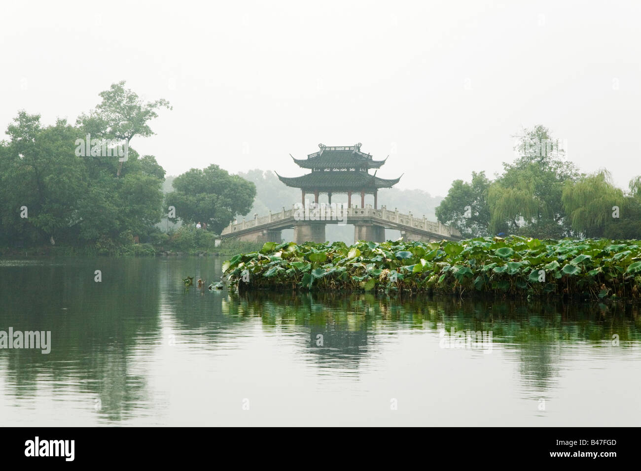 China, Hangzhou, Pavilion on West Lake Stock Photo