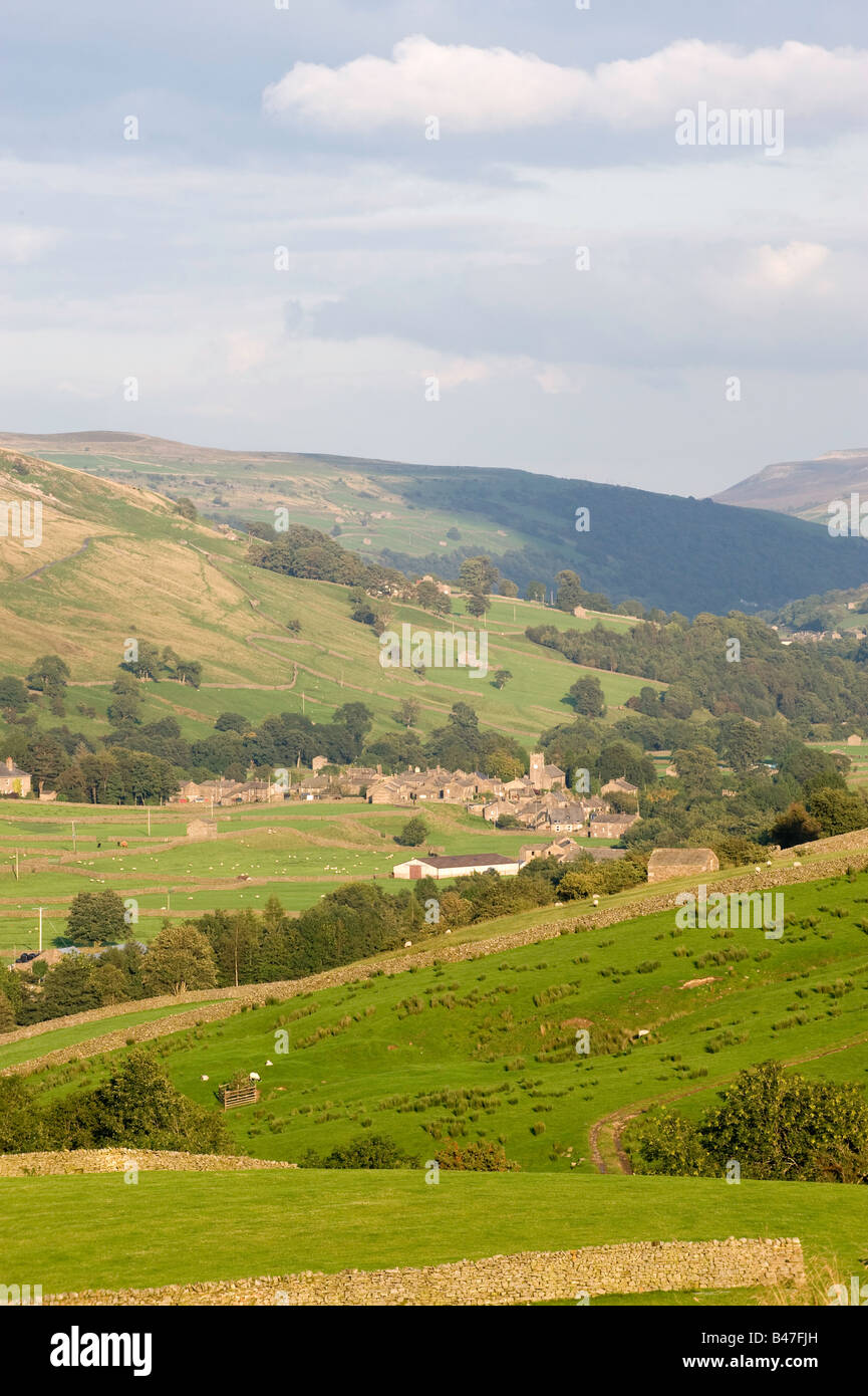 Looking down Swaledale towards Muker from the Buttertubs pass road Yorkshire Dales National Park England Stock Photo