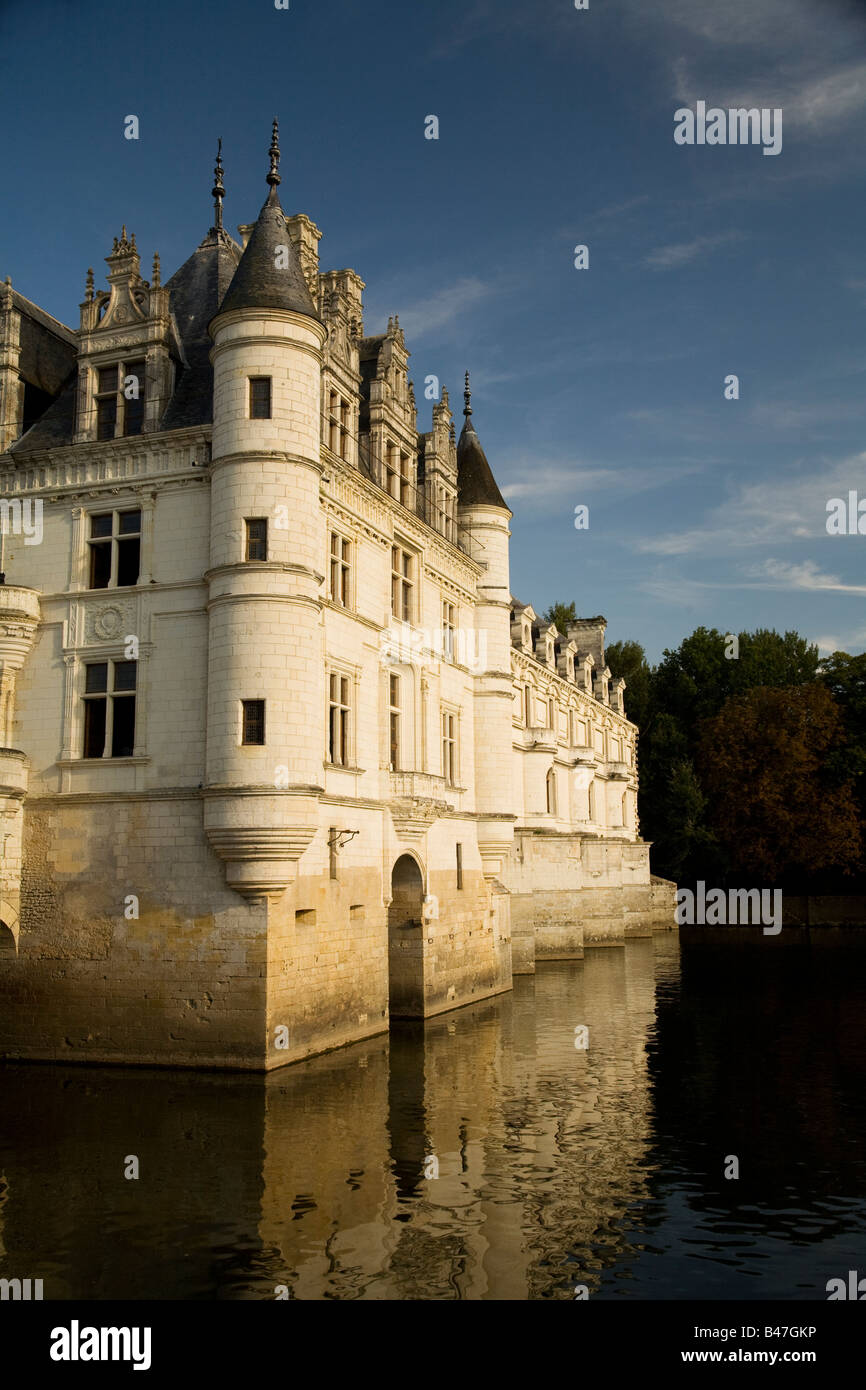 A view down the western face of Chateau de Chenonceau at sunset, :Loire ...