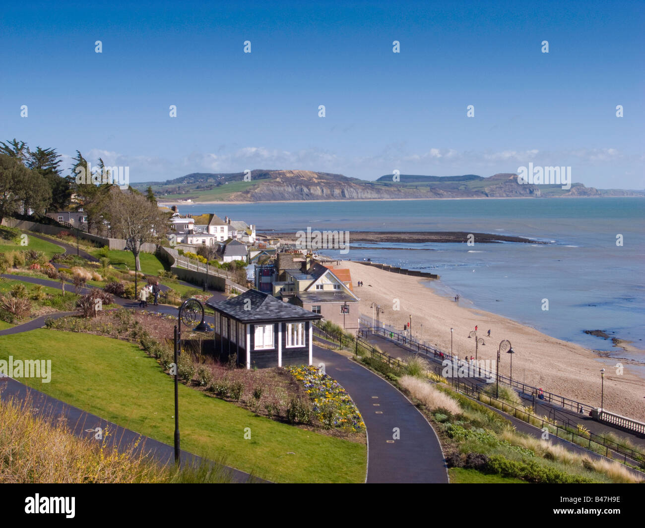 Looking down on the beach at Lyme Regis with a view across Lyme Bay and