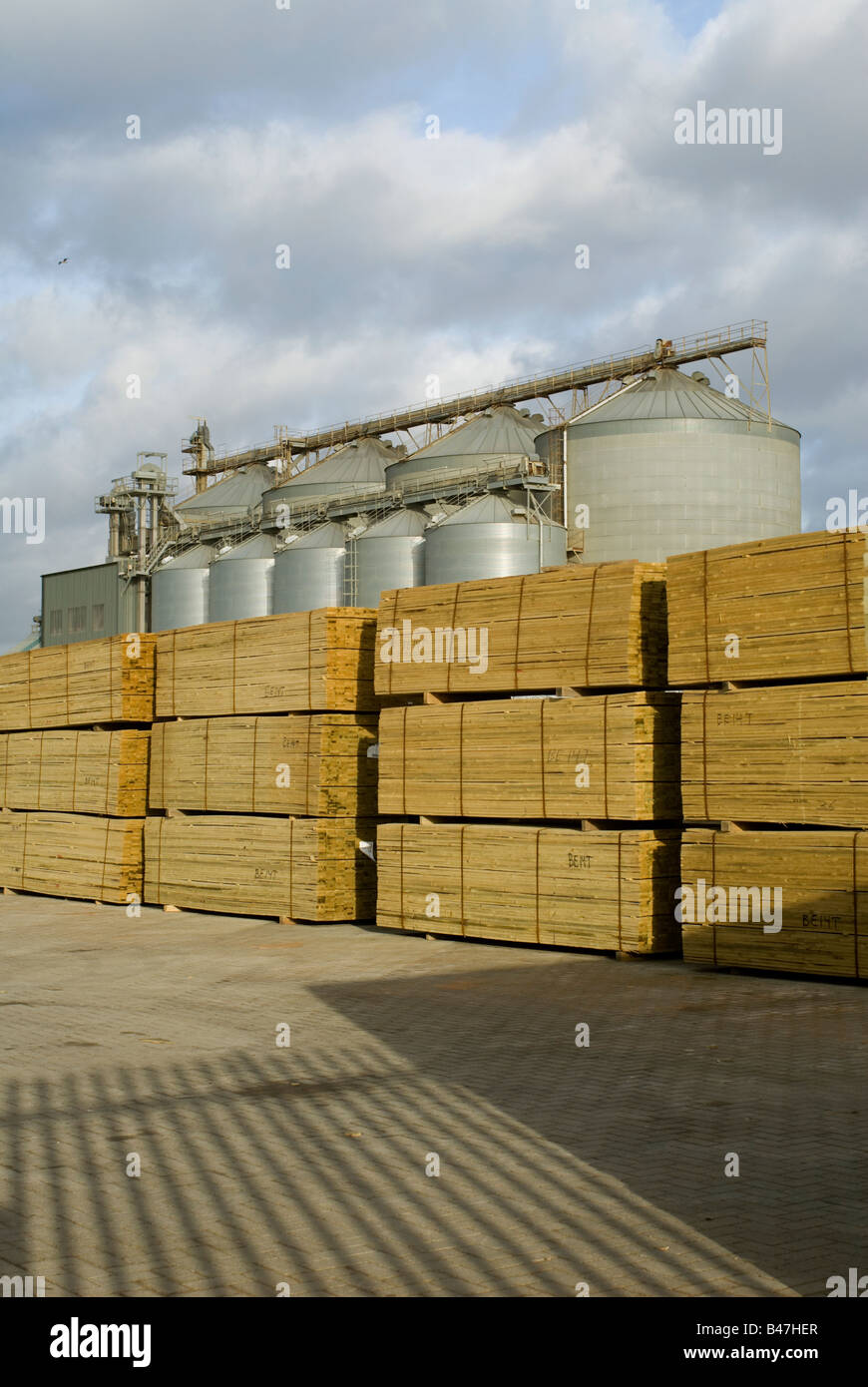 Storage Silos And Large Stacks Of Timber At Shoreham Port Near Brighton