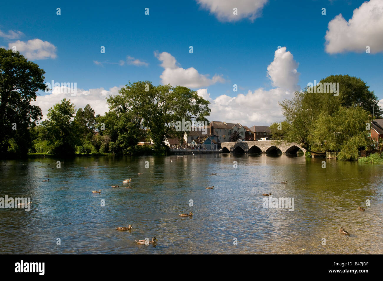 Looking across the River Avon towards famous historic arched bridge, Fordingbridge, Hampshire, England, UK Stock Photo