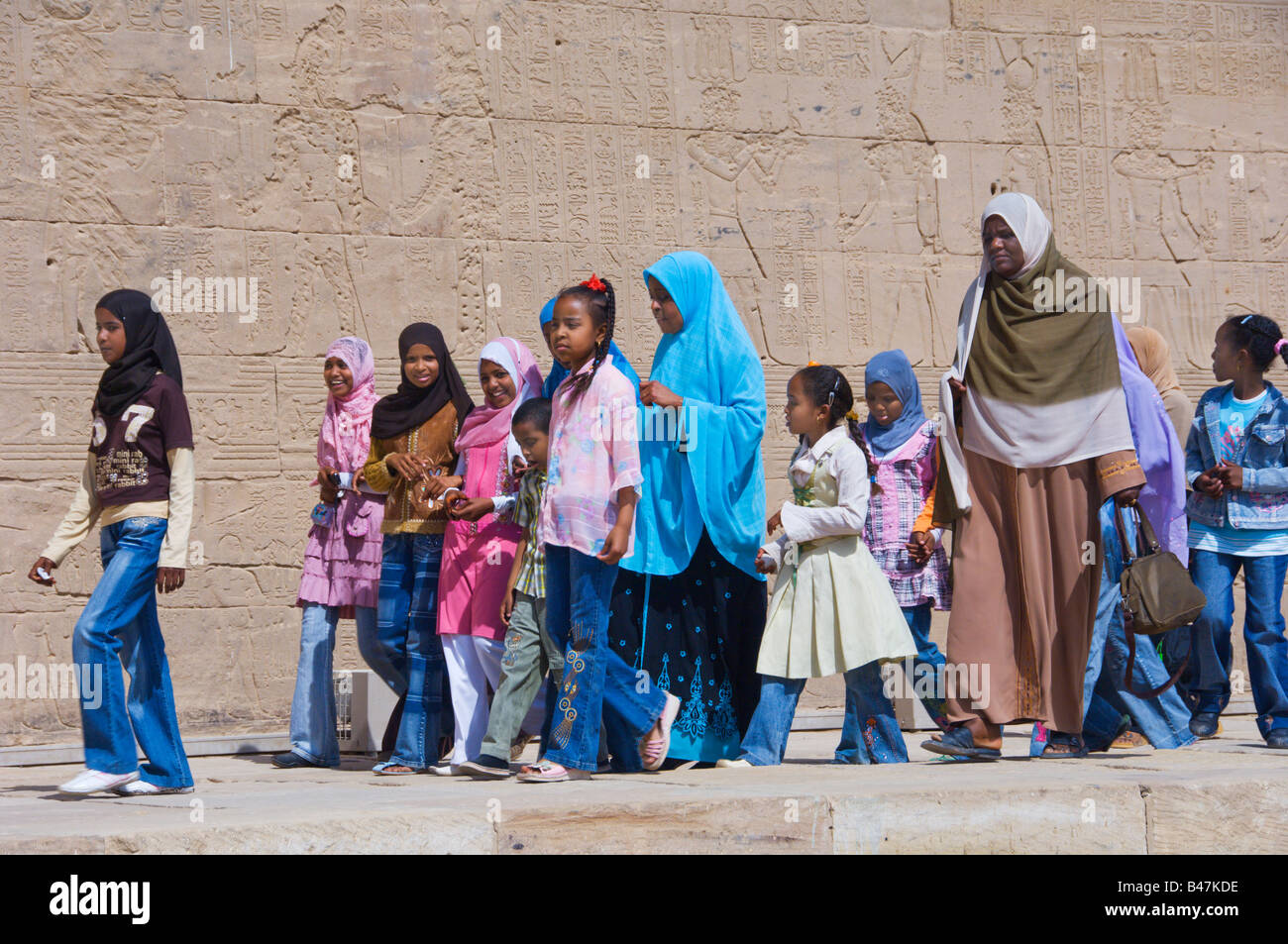 Arab school groups at the island Temple of Philae in Egypt Stock Photo