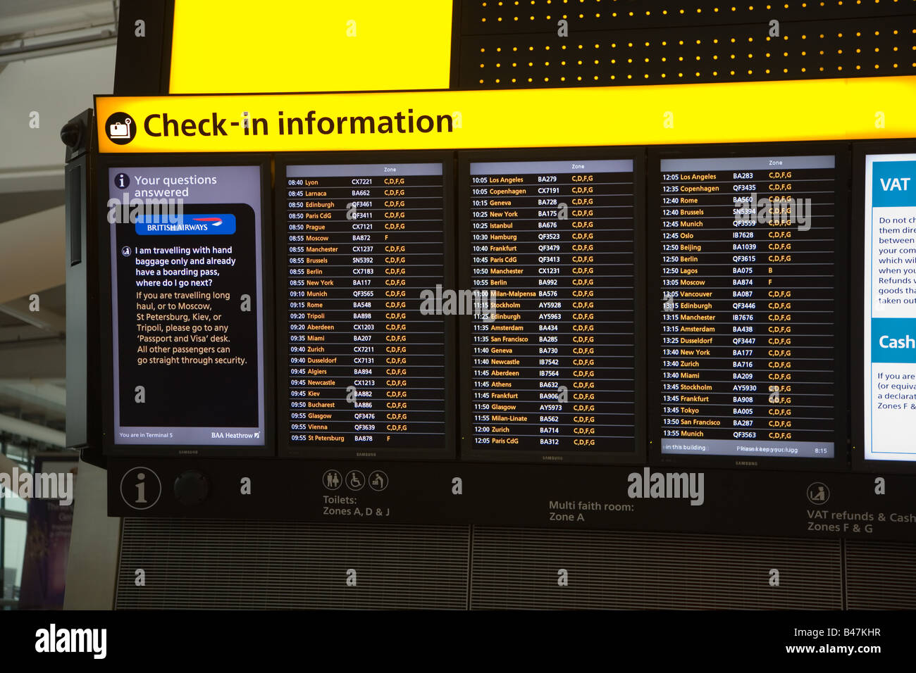 Check-in information at Terminal 5, Heathrow Stock Photo