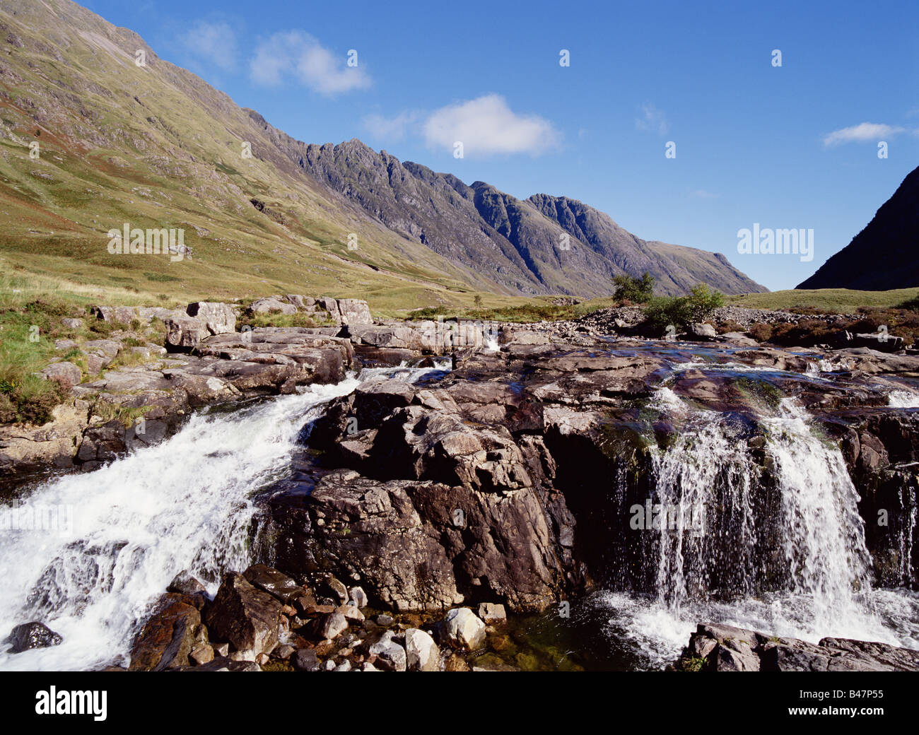 dh River Coe Scottish glen GLENCOE ARGYLL SCOTLAND Waterfall mountains Aonach Eagach The Chancellor mountain valley Stock Photo