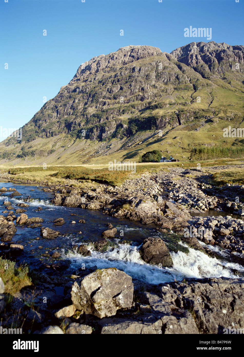 dh River Coe GLENCOE ARGYLL Three Sisters mountains fresh flowing waterfall rapids rugged scotland Stock Photo