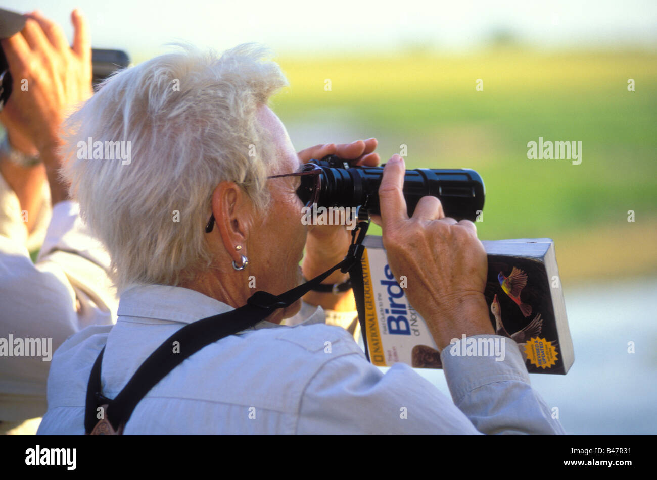 Elderly woman looking through binoculars watching for birds Stock Photo ...