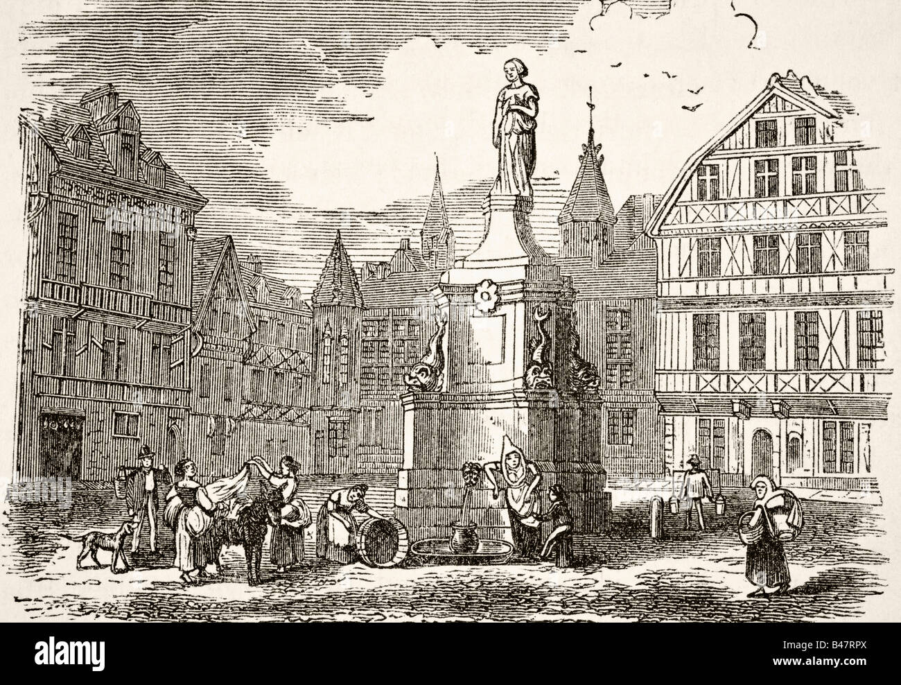 Joan of Arc statue in the Old Market Place, Rouen, France, in the 19th century. Stock Photo