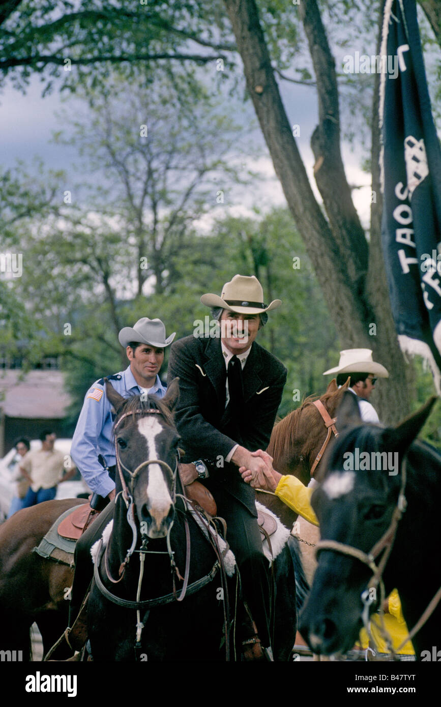 Actor Dennis Weaver star of Gunsmoke McCloud Duel and numerous other movie and television hits on horseback in Taos Stock Photo