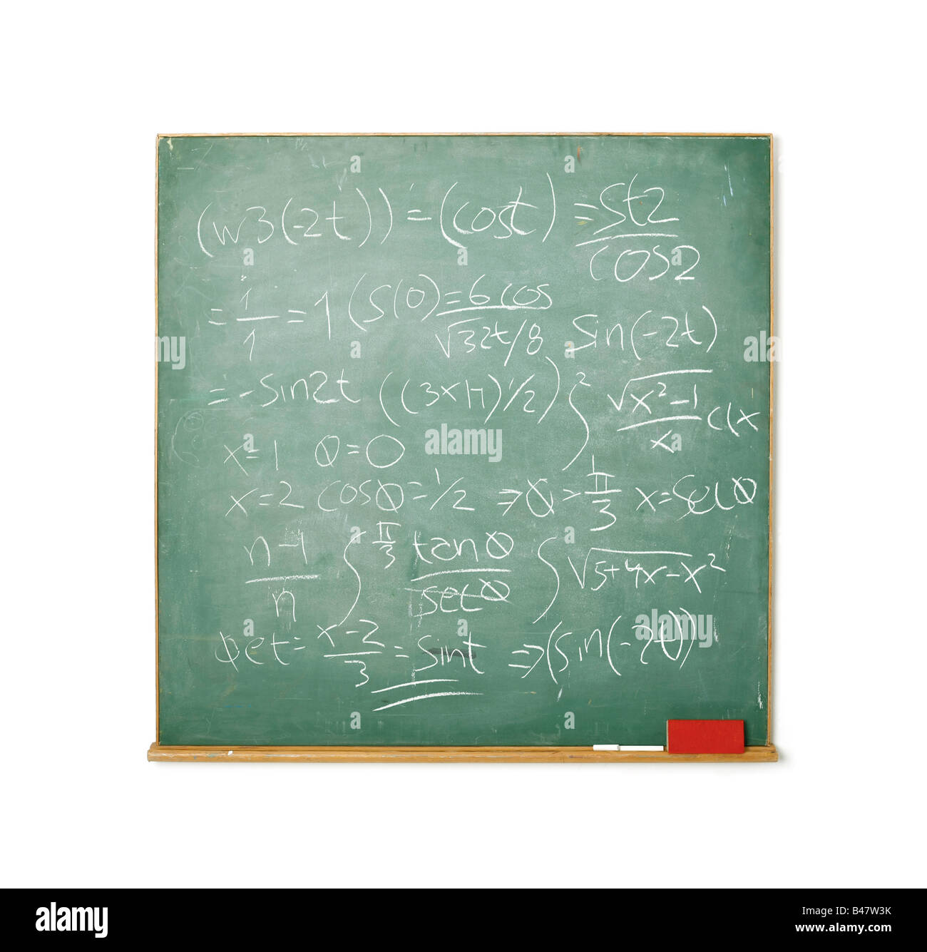 Old chalkboard with hard math isolated on white background Stock Photo