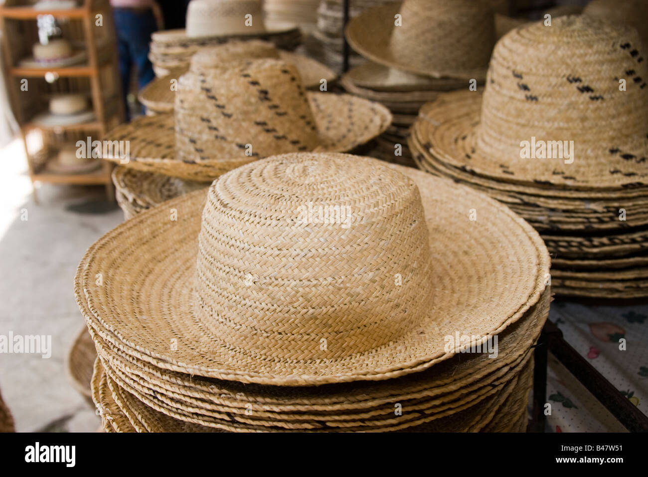 Panamanian Hats for sale at Penonome's Public Market. Province of Coclé, Republic of Panama, Central America Stock Photo