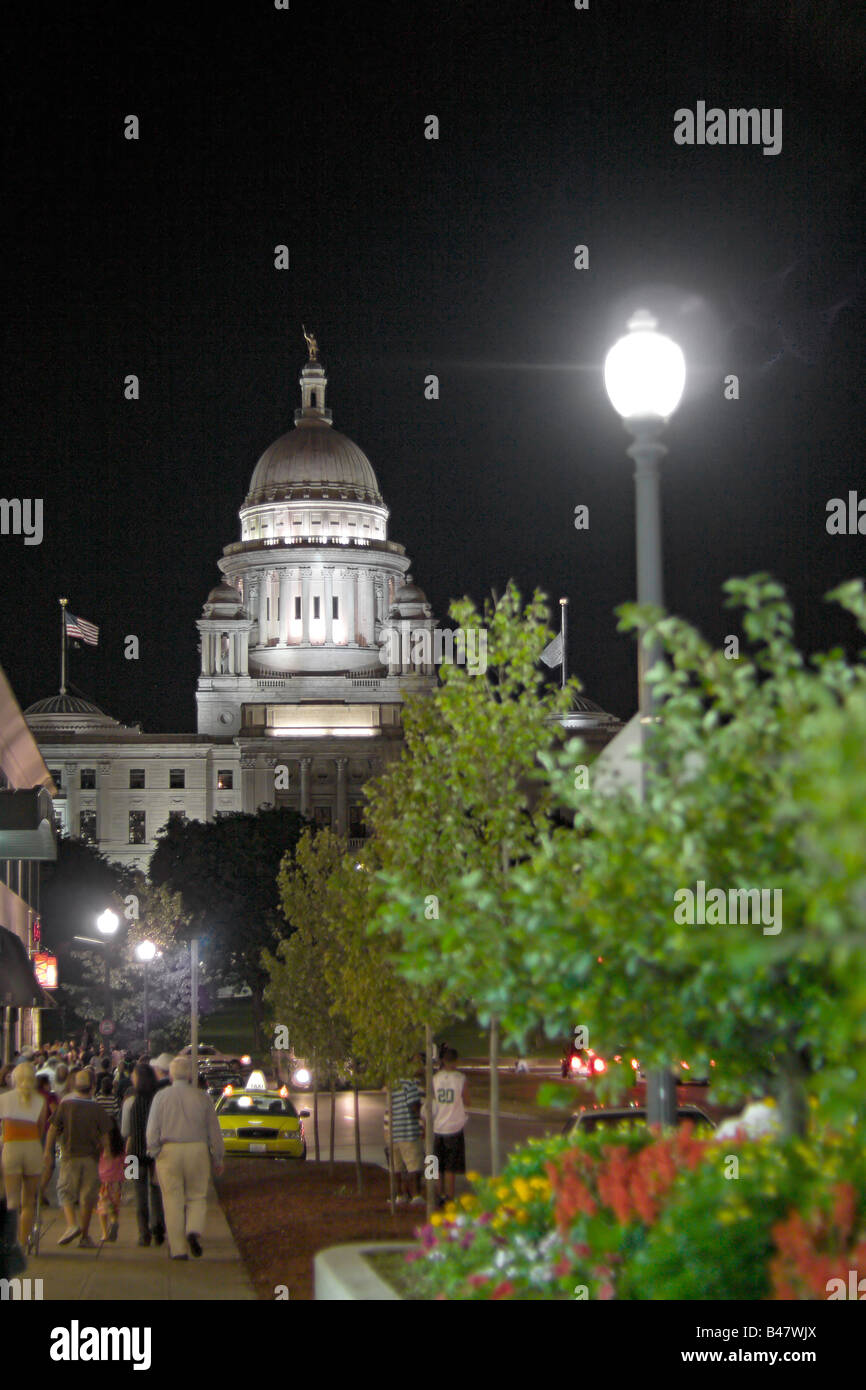 A night time view of the capital building in Providence Rhode Island Stock Photo