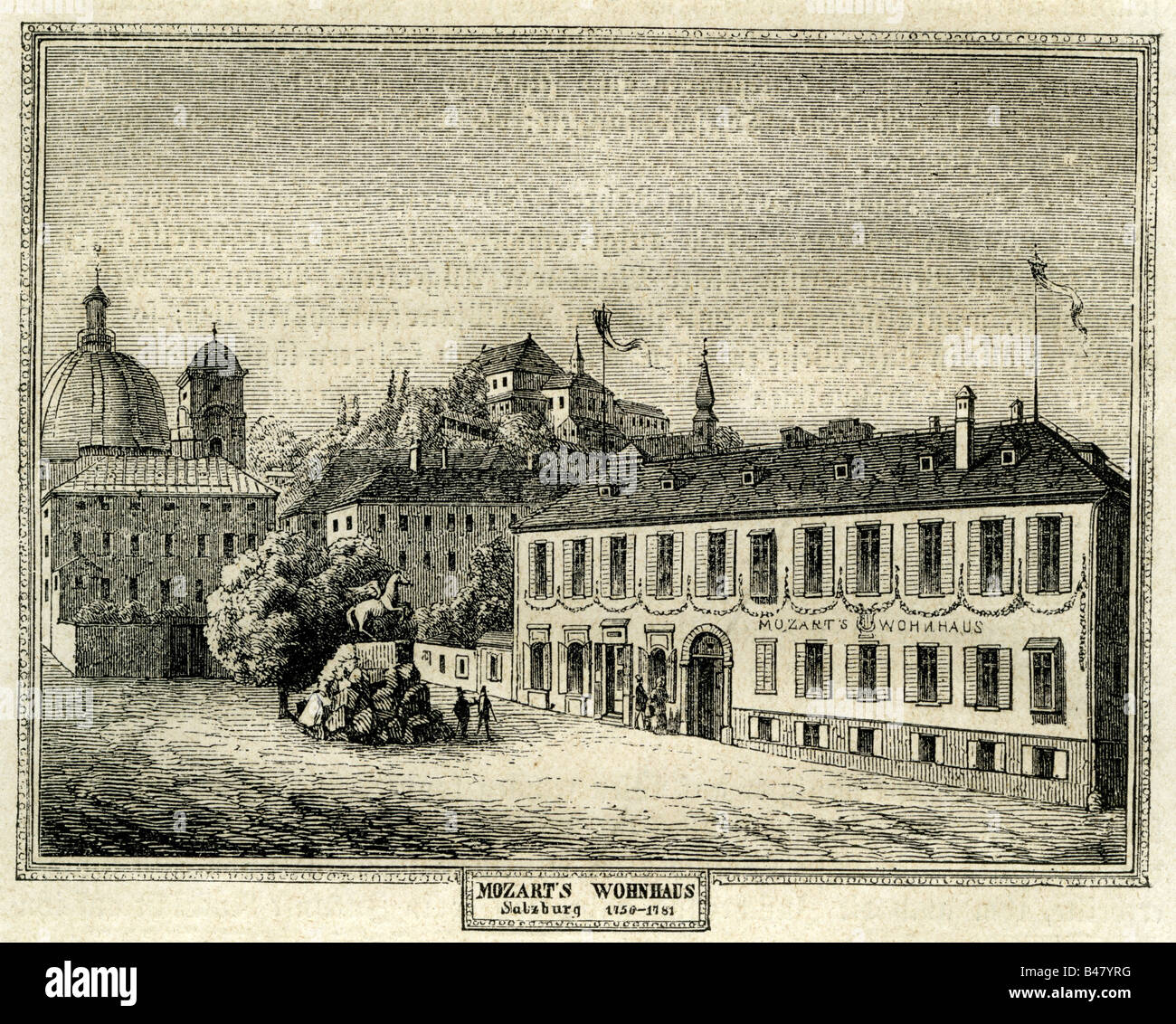 Mozart, Wolfgang Amadeus, 27.1.1756 - 5.12.1791, Austrian composer, his house in Salzburg, wood engraving, 1861, Stock Photo