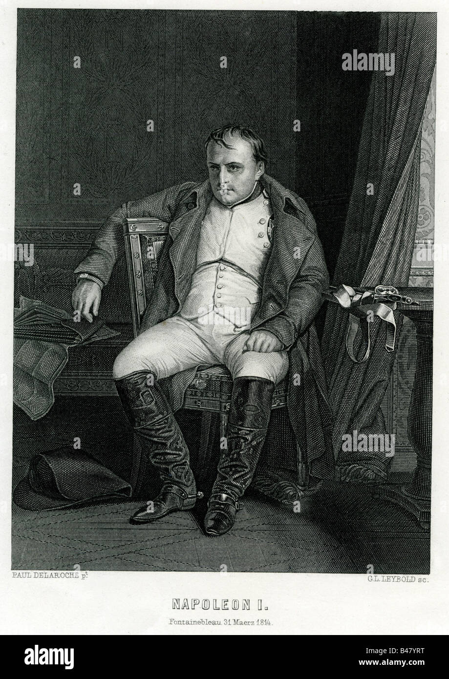 Napoleon I, 15.8.1769 - 5.5. 1821, Emperor of the French 1804 - 1815, half length, sitting, in Fonteinebleau, 31.3.1814, copper engraving by G. L. Leybold after painting by Paul Delaroche, 1814, Artist's Copyright has not to be cleared Stock Photo