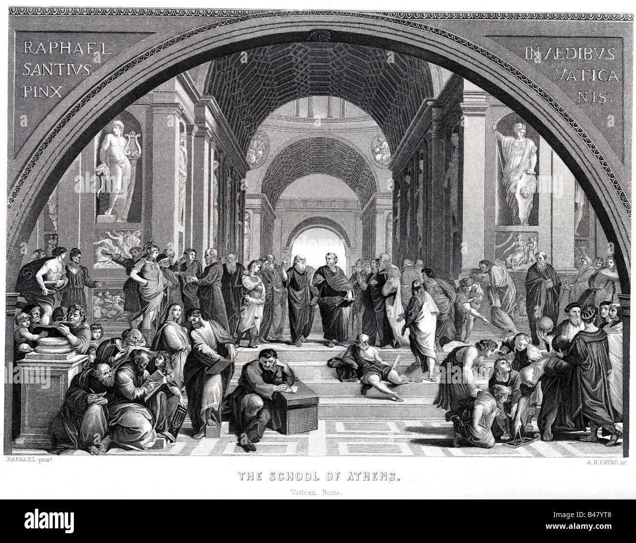 fine arts, Raphael (1483 - 1520), 'The school of Athens', Rome, 1512, steel engraving by Albert Henry Payne, 19th century, , Stock Photo
