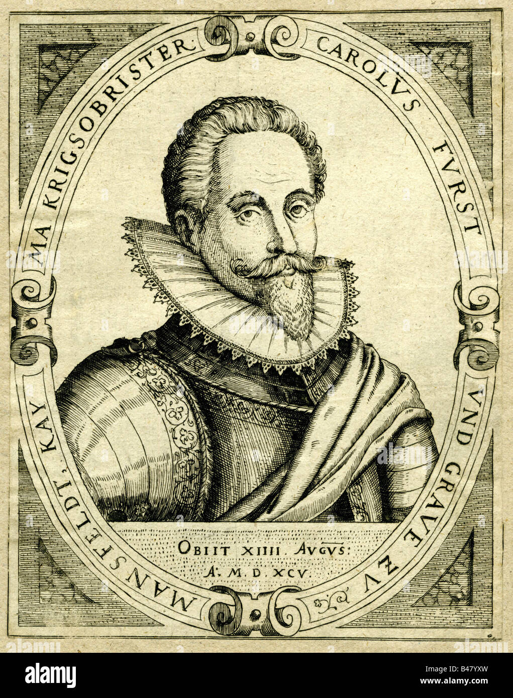 Mansfeld, Karl Count of, 1543 - 24.8.1595, German General and Admiral, portrait, engraving, circa 1600, 16th century, officer in Spanish service, Charles, , Artist's Copyright has not to be cleared Stock Photo