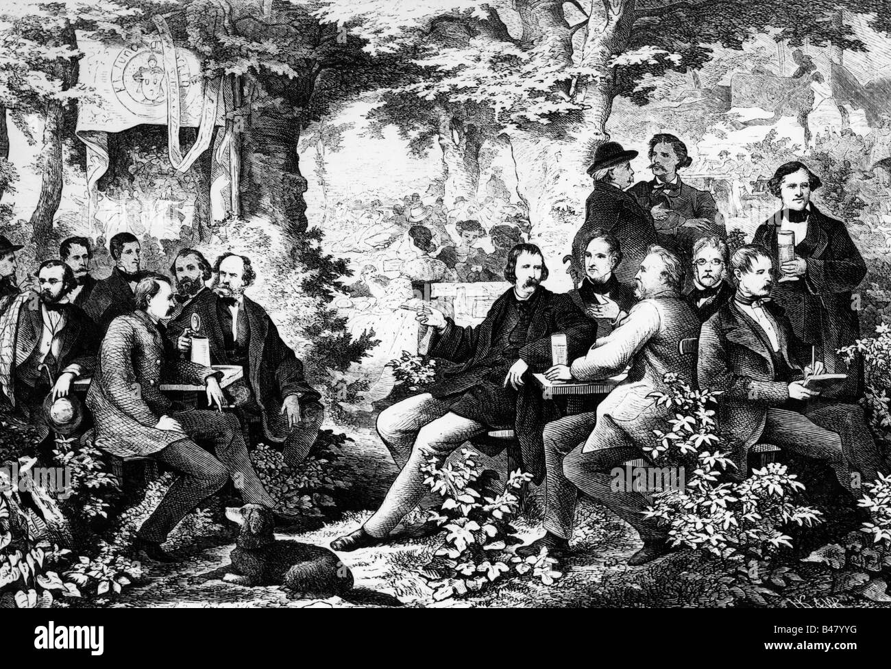 gastronomy, beer garden, Munich artists on an May jaunt, wood engraving after drawing by Theodor Pixis, 1864, Stock Photo