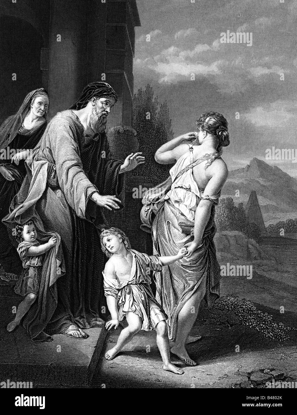 Abraham, son of Terah, forefather of Hebrews, second expulsion from Hagar, steel engraving by William French after painting by Adrian van der Werdd, Artist's Copyright has not to be cleared Stock Photo