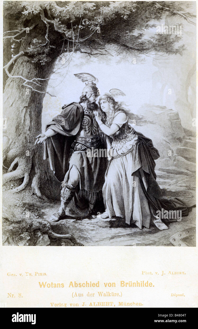 Wagner, Richard, 22.5.1813 - 13.2.1883, German composer, opera: 'The Valkyrie', Wotan leaving Brunhilde, cabinet picture by Josef Albert, 19th century, Stock Photo