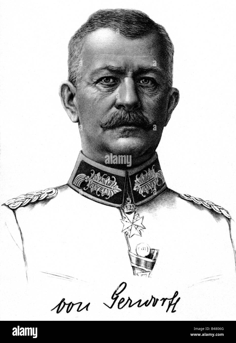 military, Germany, Saxony, persons, General von Gerstorff, commander of the 5th Royal Saxon Infantry Brigade 63, portrait, drawing, 1914, uniform, First World War, WWI, officer, 20th century, historic, historical, people, 1910s, Stock Photo