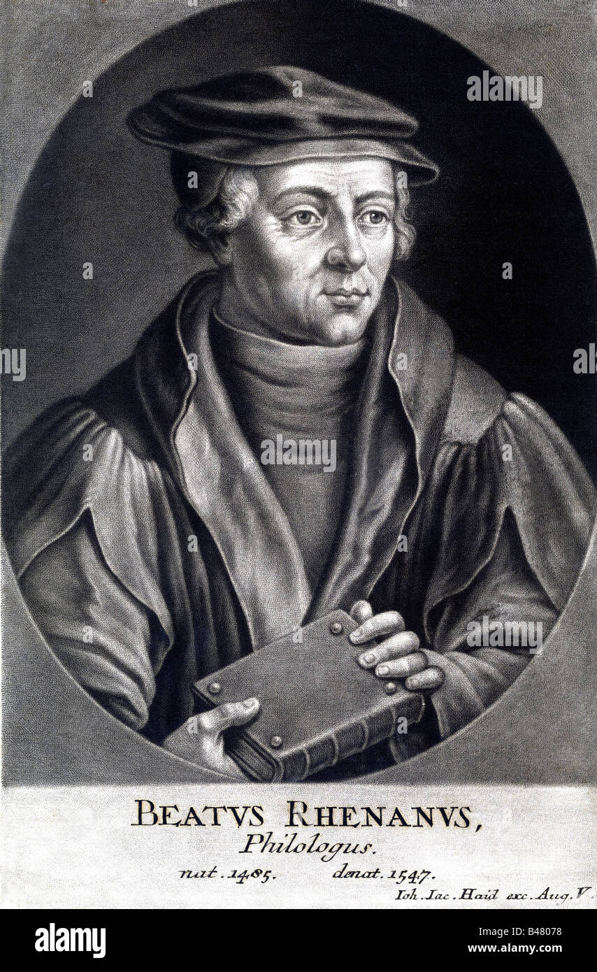 Rhenanus, Beatus, 22.8.1485 - 20.7.1547, German editor and scientist, half length, mezzotint by Johann Jacob Haid, 17th century, Stock Photo