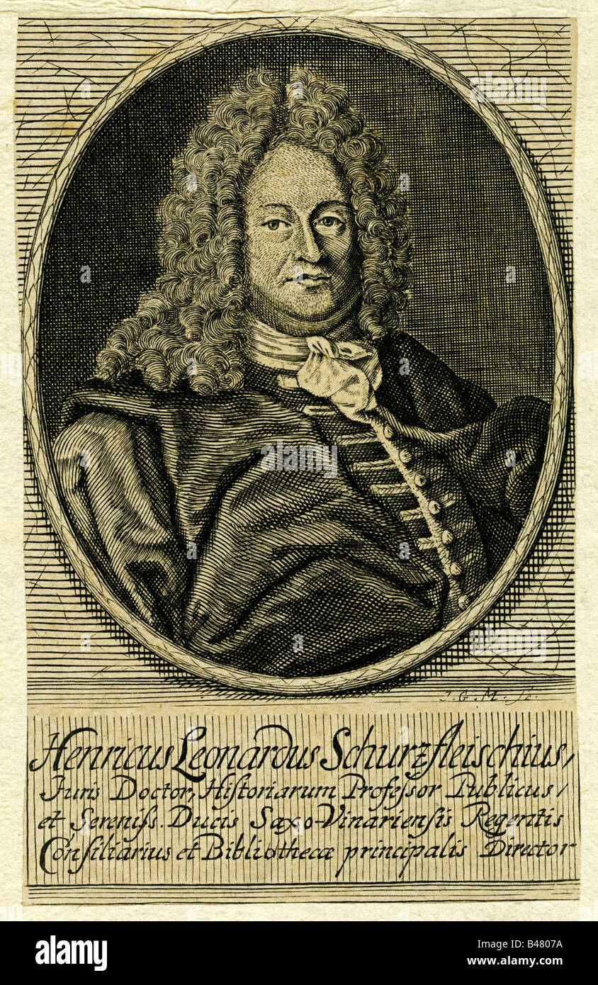 Schurzfleisch, Heinrich Leonhard, 11.11.1644 - 13.7.1722, German librarian, professor, engraving by J.G.M., 18th century, Artist's Copyright has not to be cleared Stock Photo
