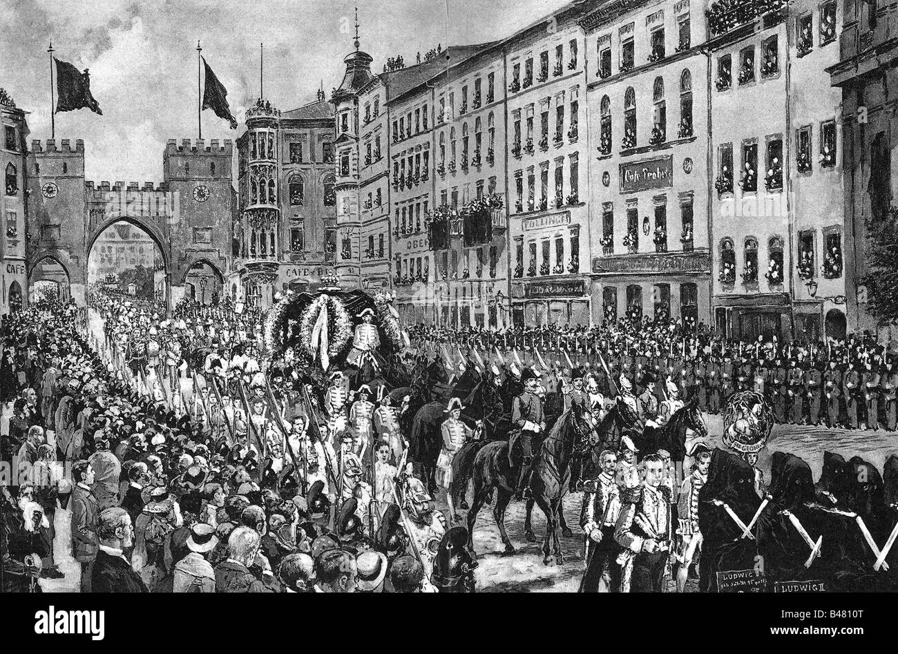 Ludwig II, 25.8.1845 - 13.6.1886, King of Bavaria 10.3.1864 - 13.6.1886, death, funeral cortege, Neuhauser Strasse, Munich, zincography by Angerer and Göschl, Vienna, after drawing by Fritz Bergen, , Stock Photo