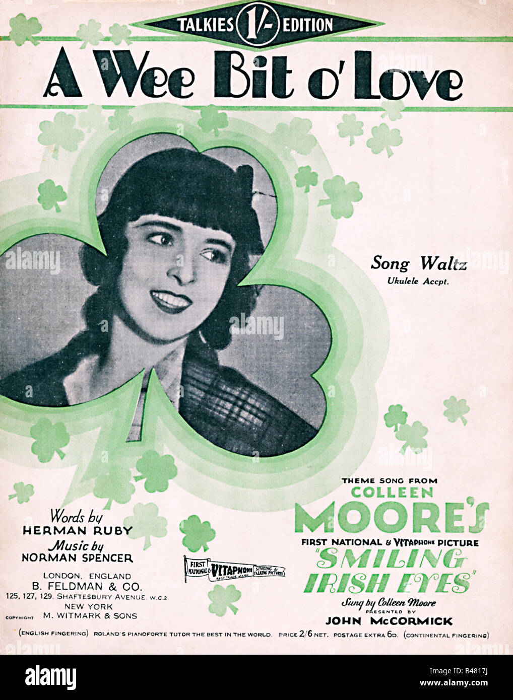 Wee Bit O Love music sheet cover for the title song of the 1929 movie Smiling Irish Eyes starring Colleen Moore Stock Photo