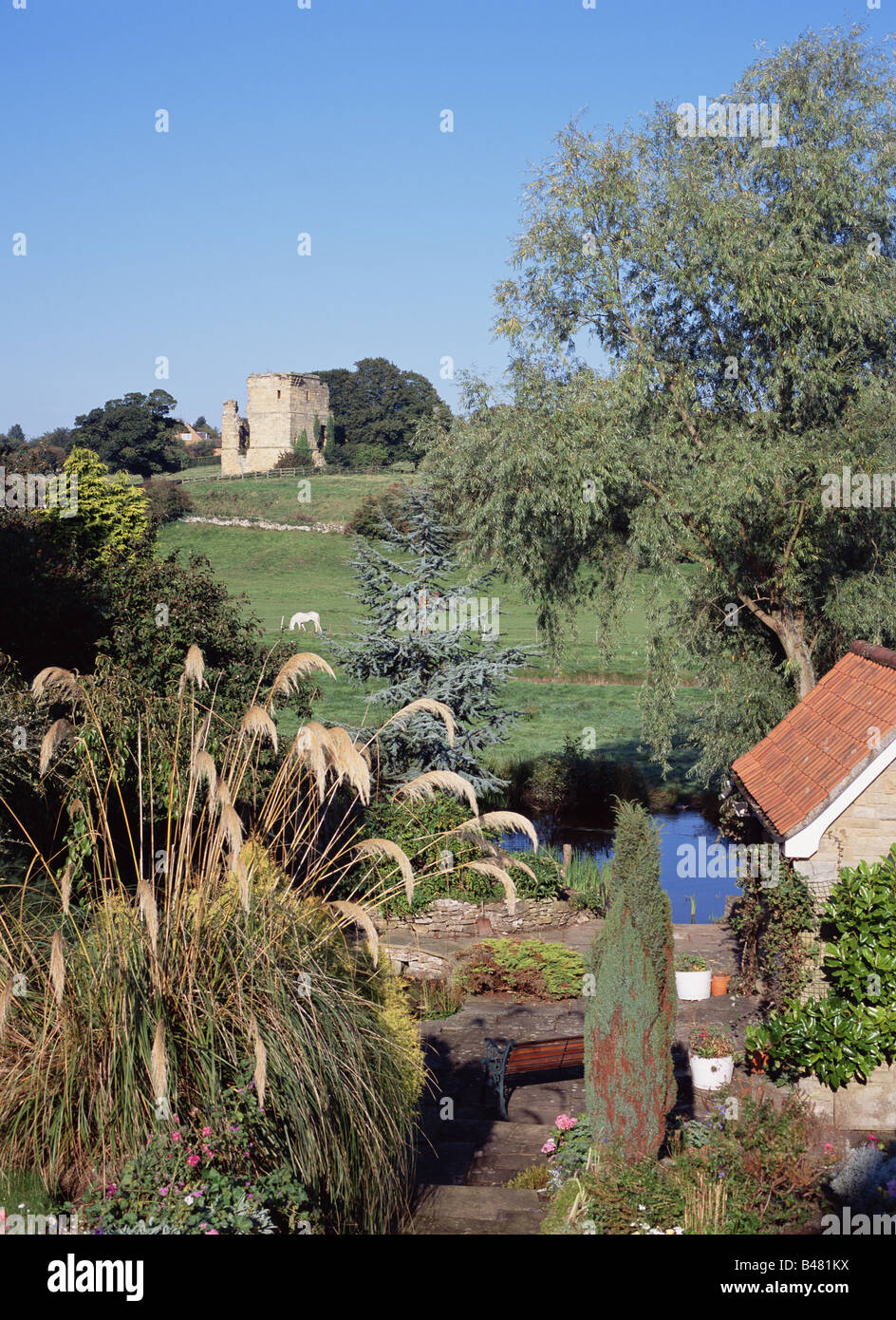 dh EAST AYTON NORTH YORKSHIRE Garden field horses West Ayton castle