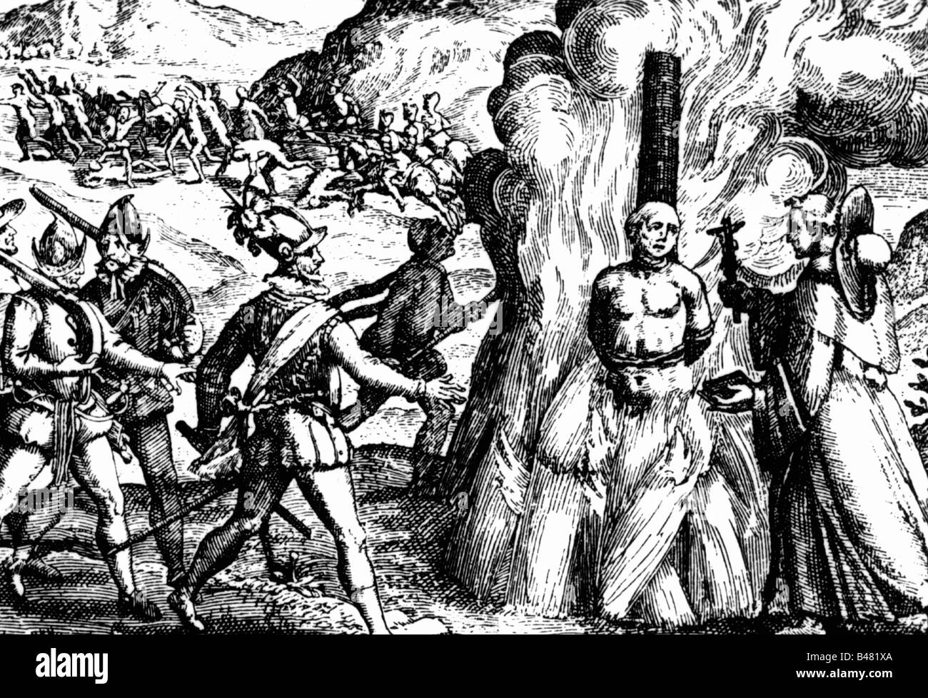 geography / travel, South America, conquest by the Spanish, 16th century, chief Indian burned by inquisition, contemporary copper engraving, historic, historical, South America, horror, massacre, colonialism, burn, indigenous people, soldiers, conquista, conquistadores, fire, catholic monk, priest, missionar, inhumanity, crime, prosecution, death, Cuauthemoc, conqueror, SOAM, CEAM, male, man, men, Stock Photo