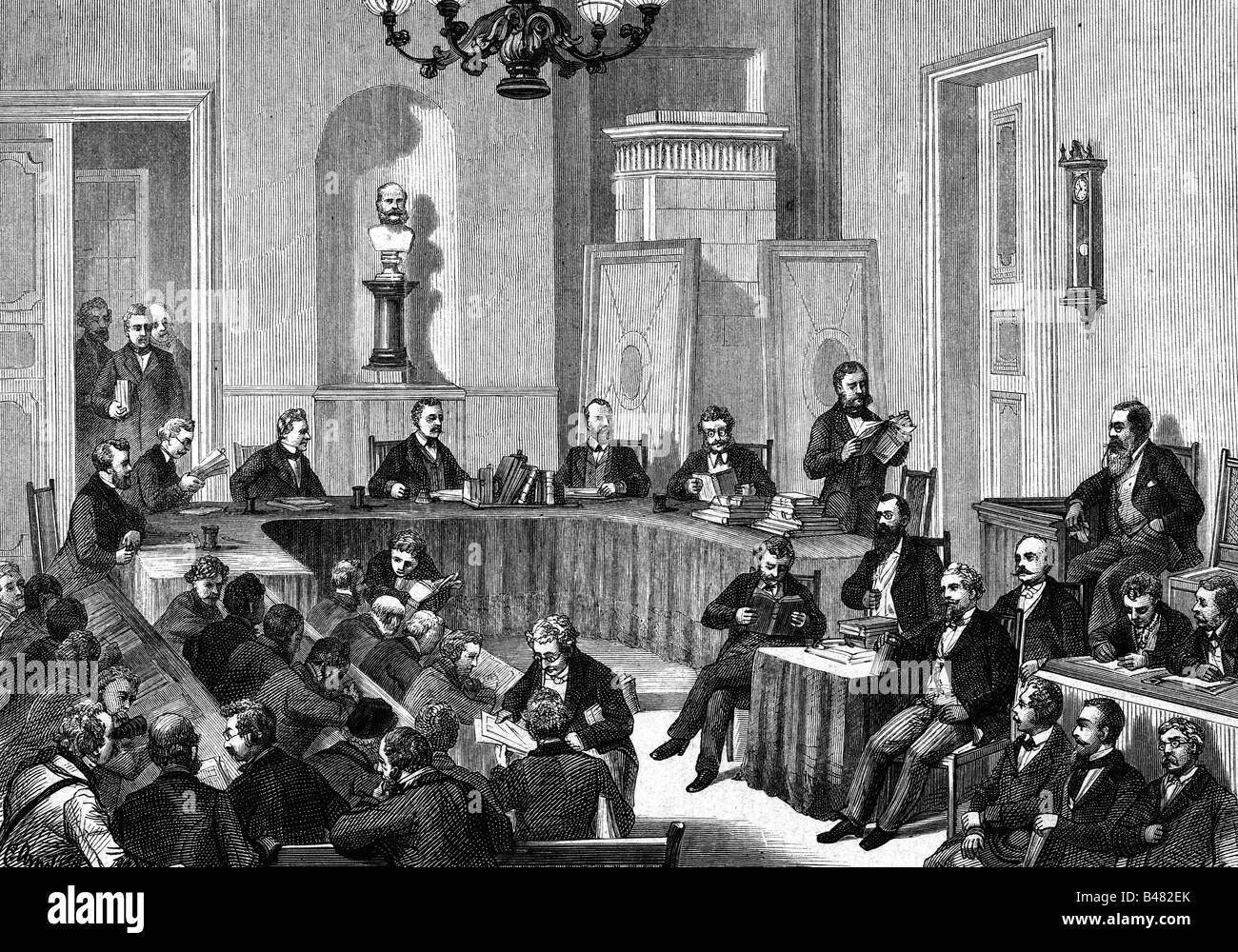 Arnim, Harry Earl, 3.10.1824 - 19.5.1881, German diplomat, court in case of offence of the public security, Berlin, 1875, wood engraving, Stock Photo