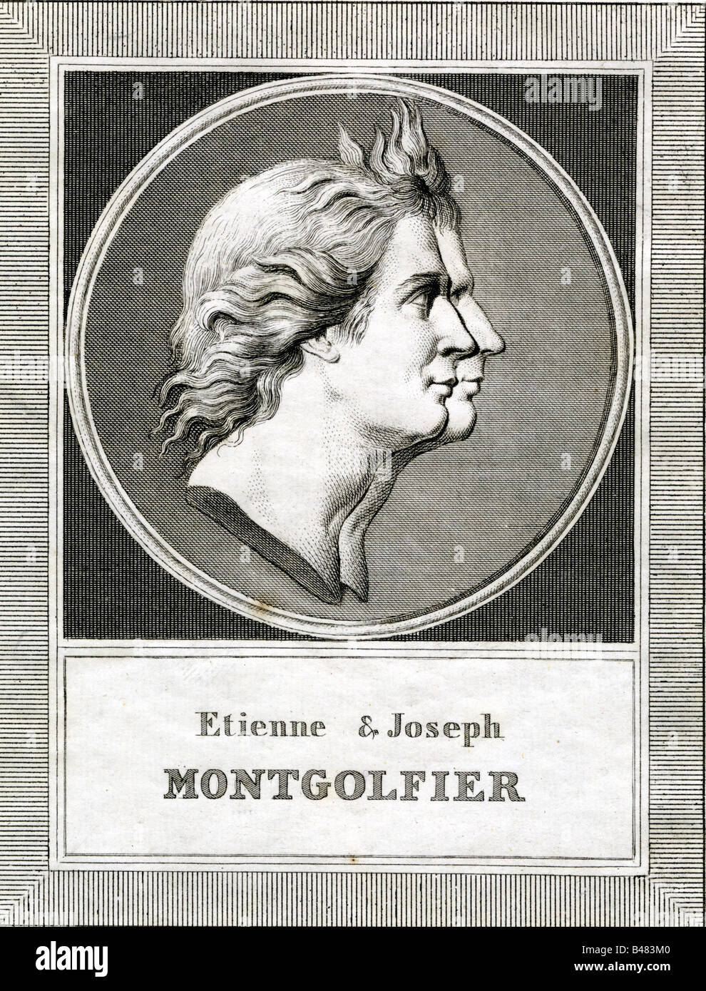 Montgolfier, Joseph Michel (26.8.1740 - 26.6.1810) and Jacques Etienne (6.1.1745 - 2.8.1799), French inventors, portrait, side view, engraving, 19th century, brothers, , Artist's Copyright has not to be cleared Stock Photo