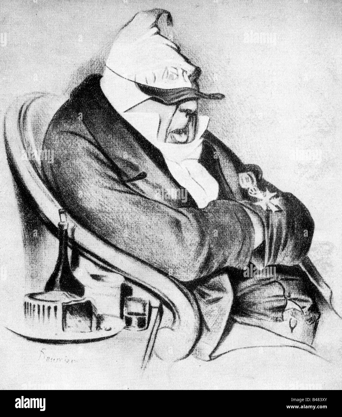 Daumier, Honore, 26.2.1808 - 10.2.1879, French painter, caricaturist, works, caricature, personification of reactionary press, 19th century, fine arts, politics, France, sleeping, night cap, , Stock Photo