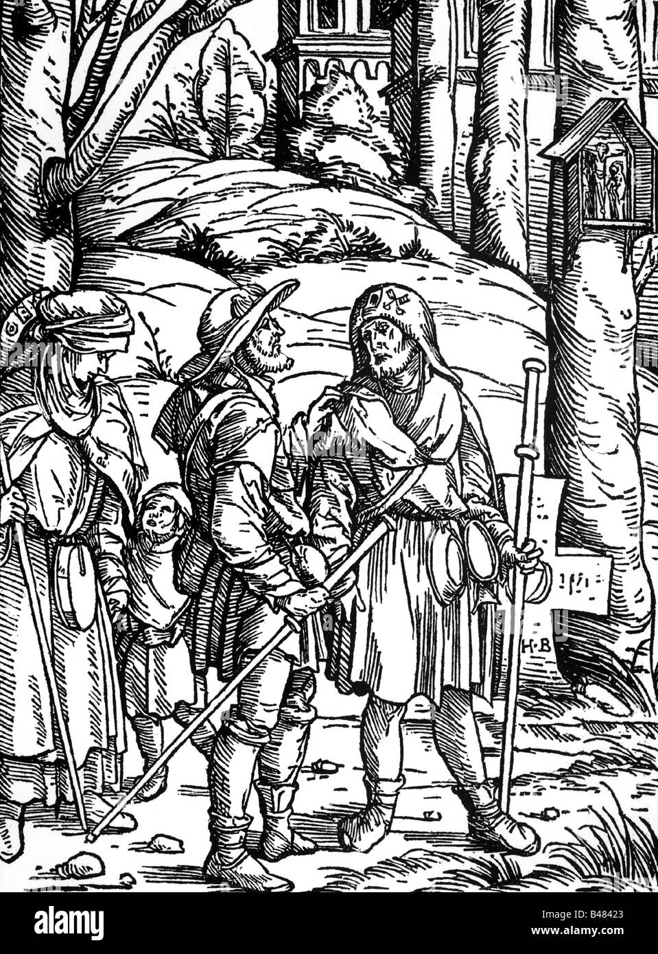 religion, pilgrimage, pilgrims, on the way to Santiago de Compostela and Rome, woodcut for 'Teutsch Sermons' by Geiler von Kaiserberg, 1508, Stock Photo
