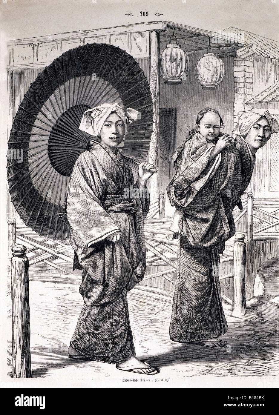 geography / travel, Japan, people, women, two japanese women wearing kimono, carrying child on back, engraving, circa 1900, Stock Photo