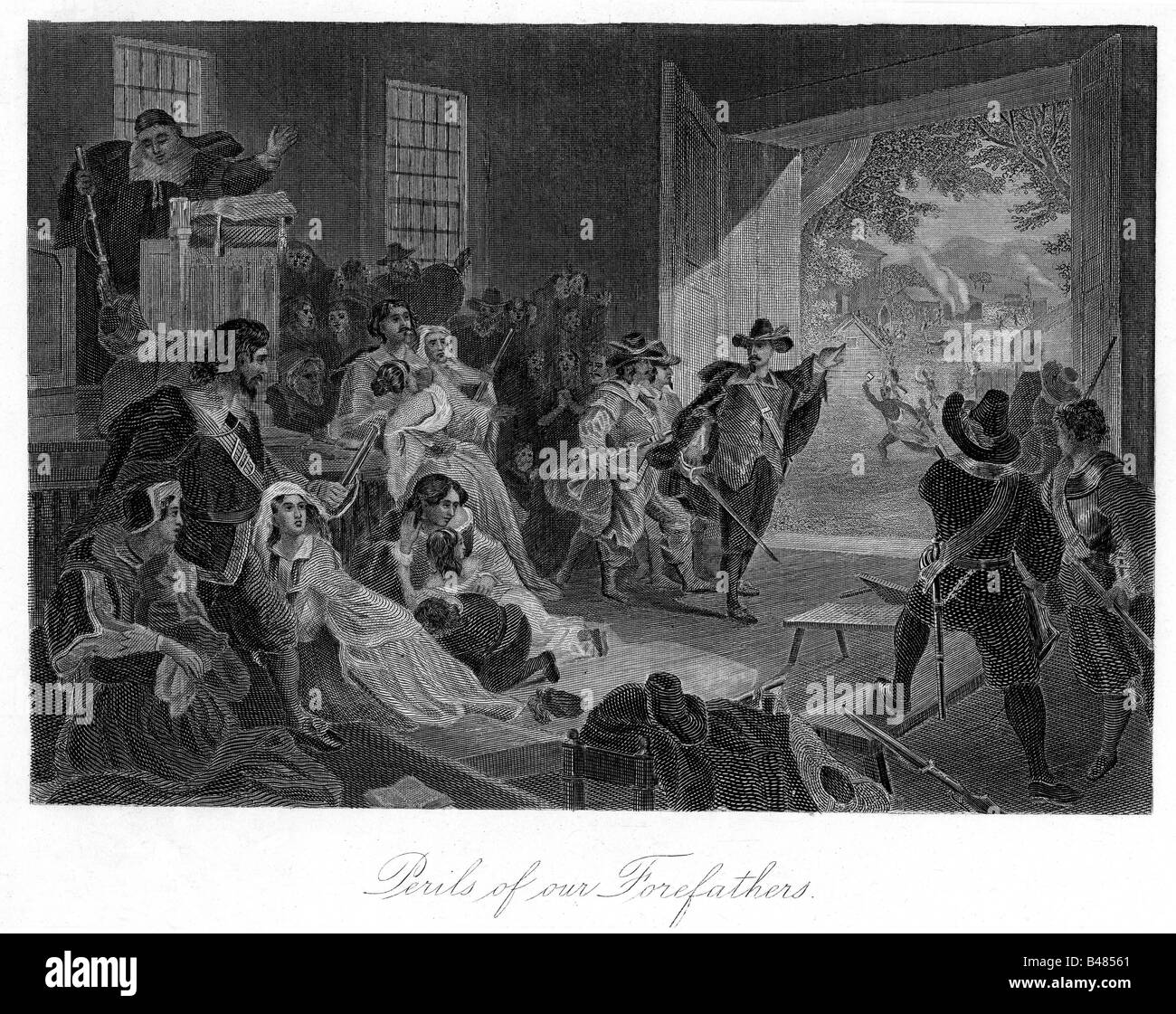 geography/travel, USA, people, Pilgrim Fathers, puritans assemble in church during an raid of Native Americans, History painting, 'Perils of our Forefathers', American Indians, settlers pilgrims, 17th century, North America, , Stock Photo