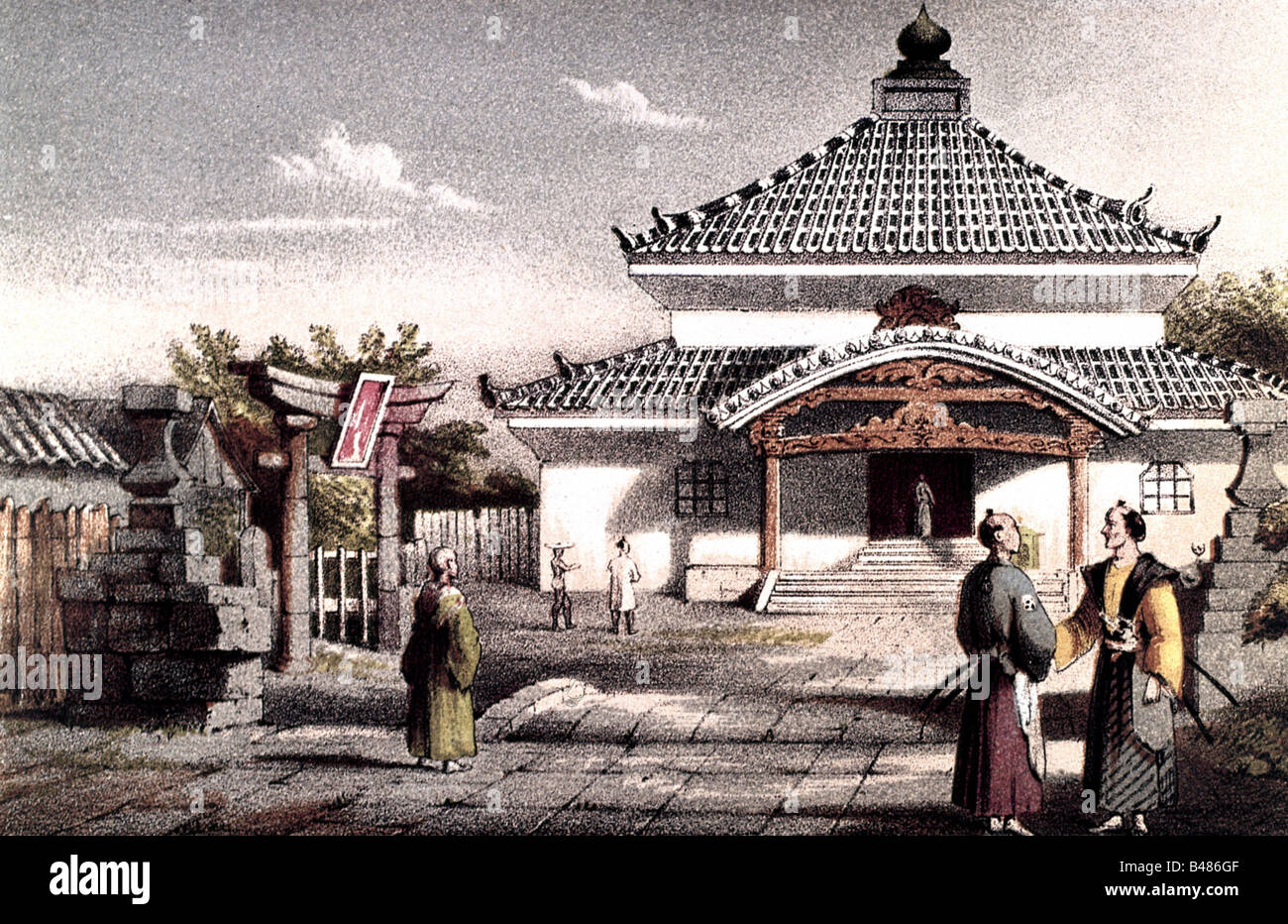 geography / travel, Japan, cities, Tokyo, buildings, residence of the  British ambassador Sir Rutherford Alcock, exterior view, litograph by  Hanhart after Bedwell, 1859 Stock Photo - Alamy, image size:1300x932